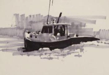 "Workboat in the Pass," marker on Strathmore paper, 4" X 6," 2012